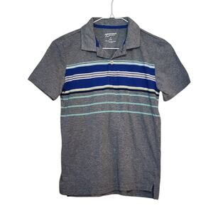 Arizona Boys Polo Shirt Size M 10/12 Gray Blue Striped Short Sleeve 1/4 Button